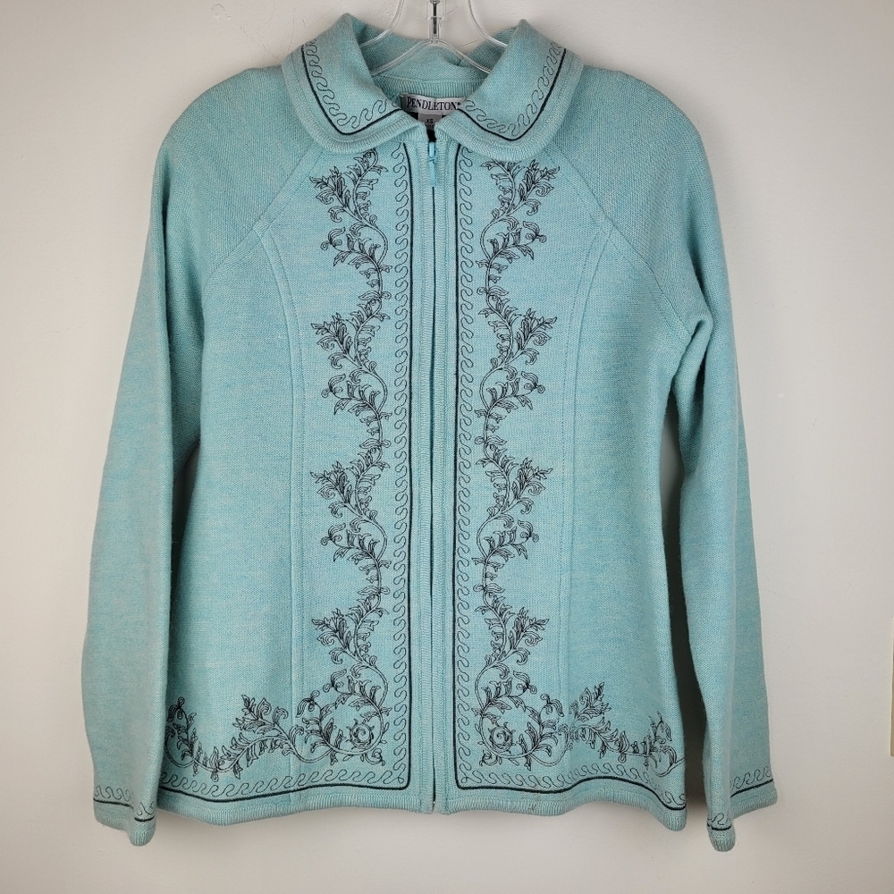 Pendleton 100% wool pale aqua zipper cardigan collar gray embroidery grandma XS - Picture 3 of 11